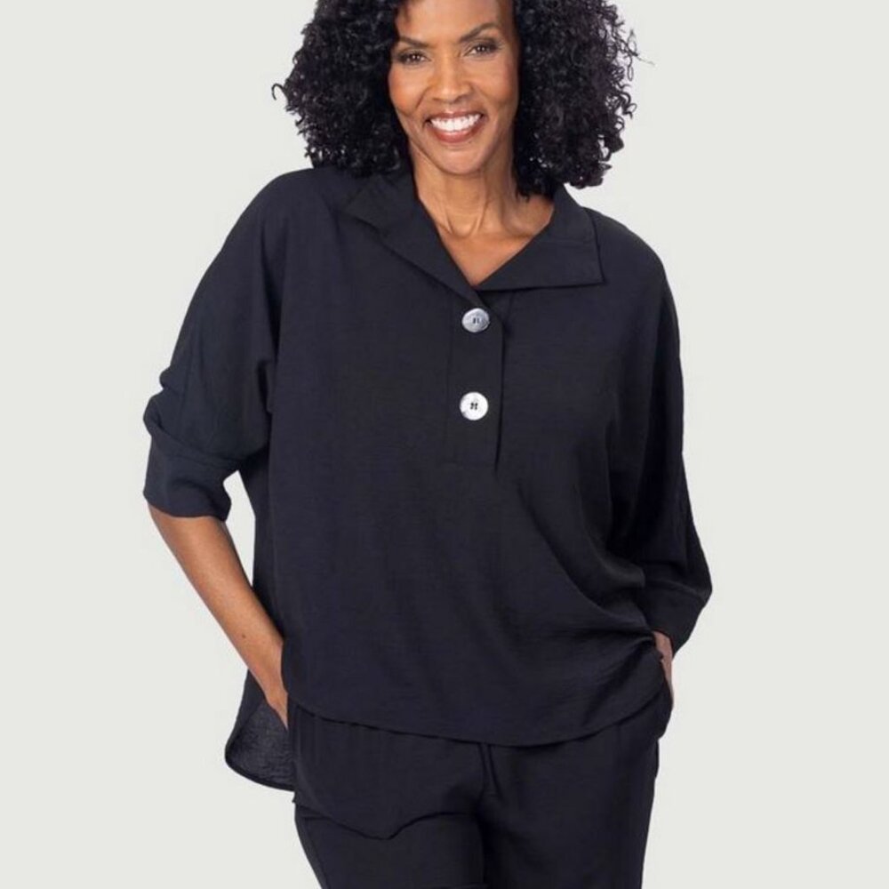 Last Tango Silky Satin Half Placket Dolman Top Blouse Black O/S Lagenlook Boxy